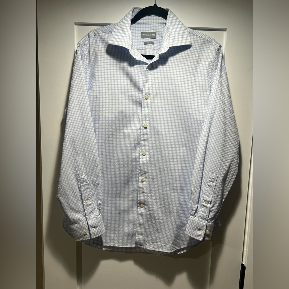 Michael Kors Slim Fit Dress Shirt Blue Check Button Down Men M 15.5